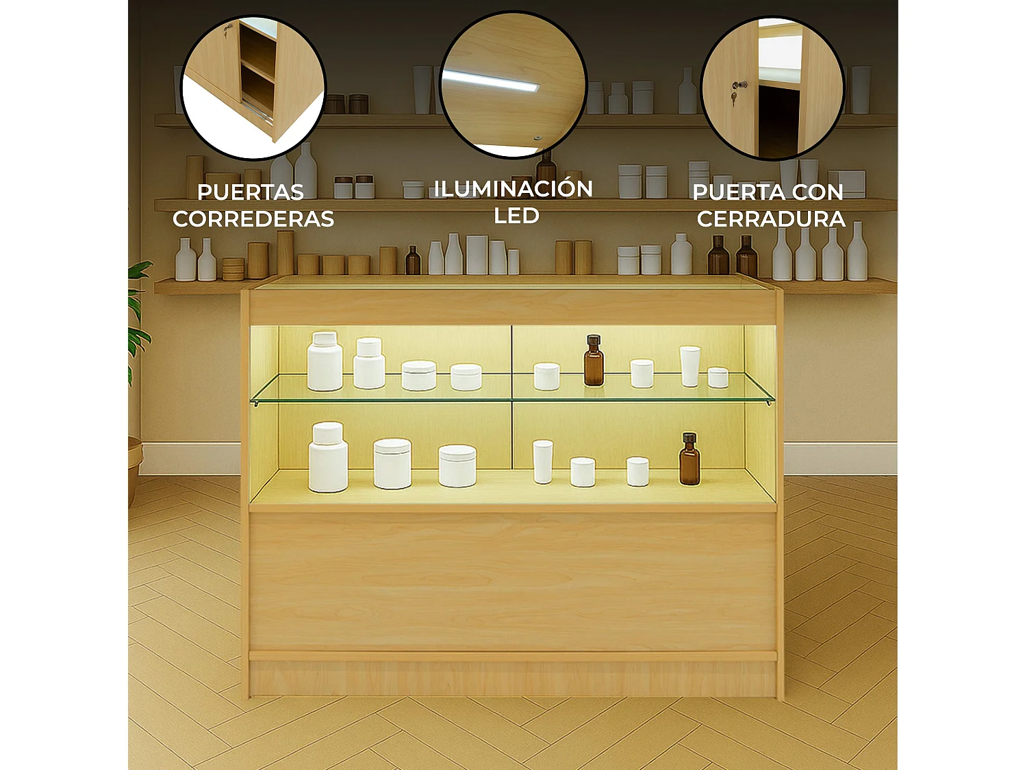 Comptoir de Vente Érable LED Intégrés C1200 Portes Coulissantes [2 Clés INCLUS]