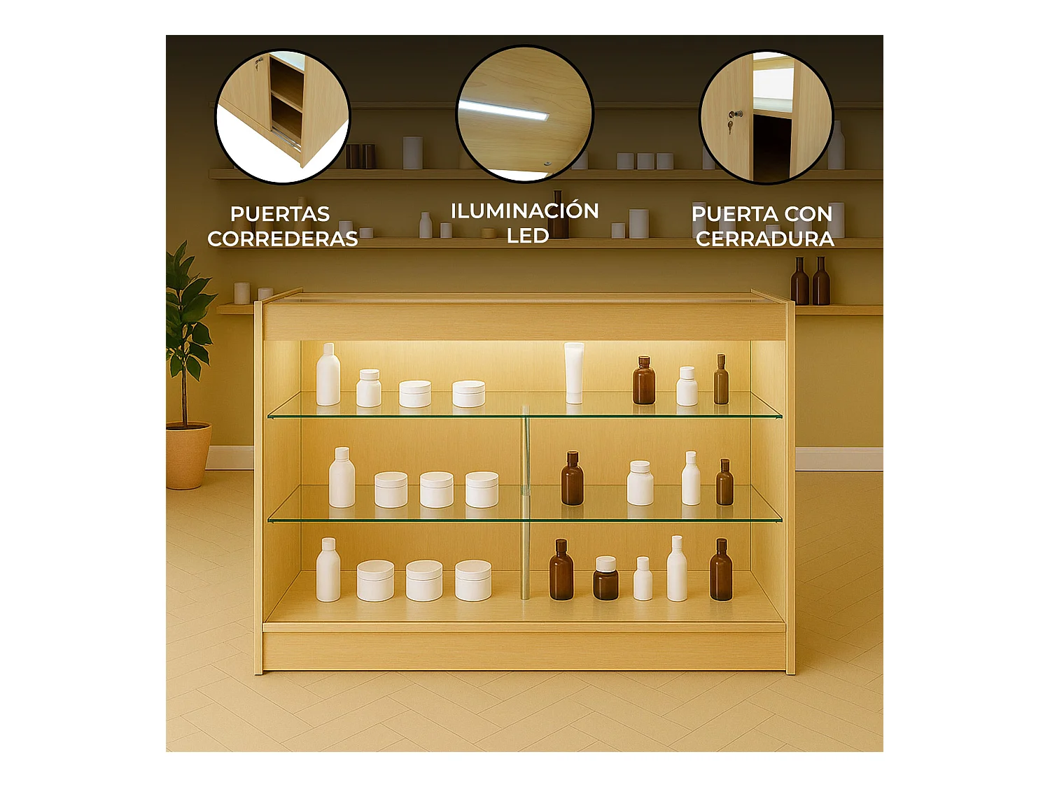 Comptoir de Vente Érable LED Intégrés K1500 Portes Coulissantes [2 Clés INCLUS]