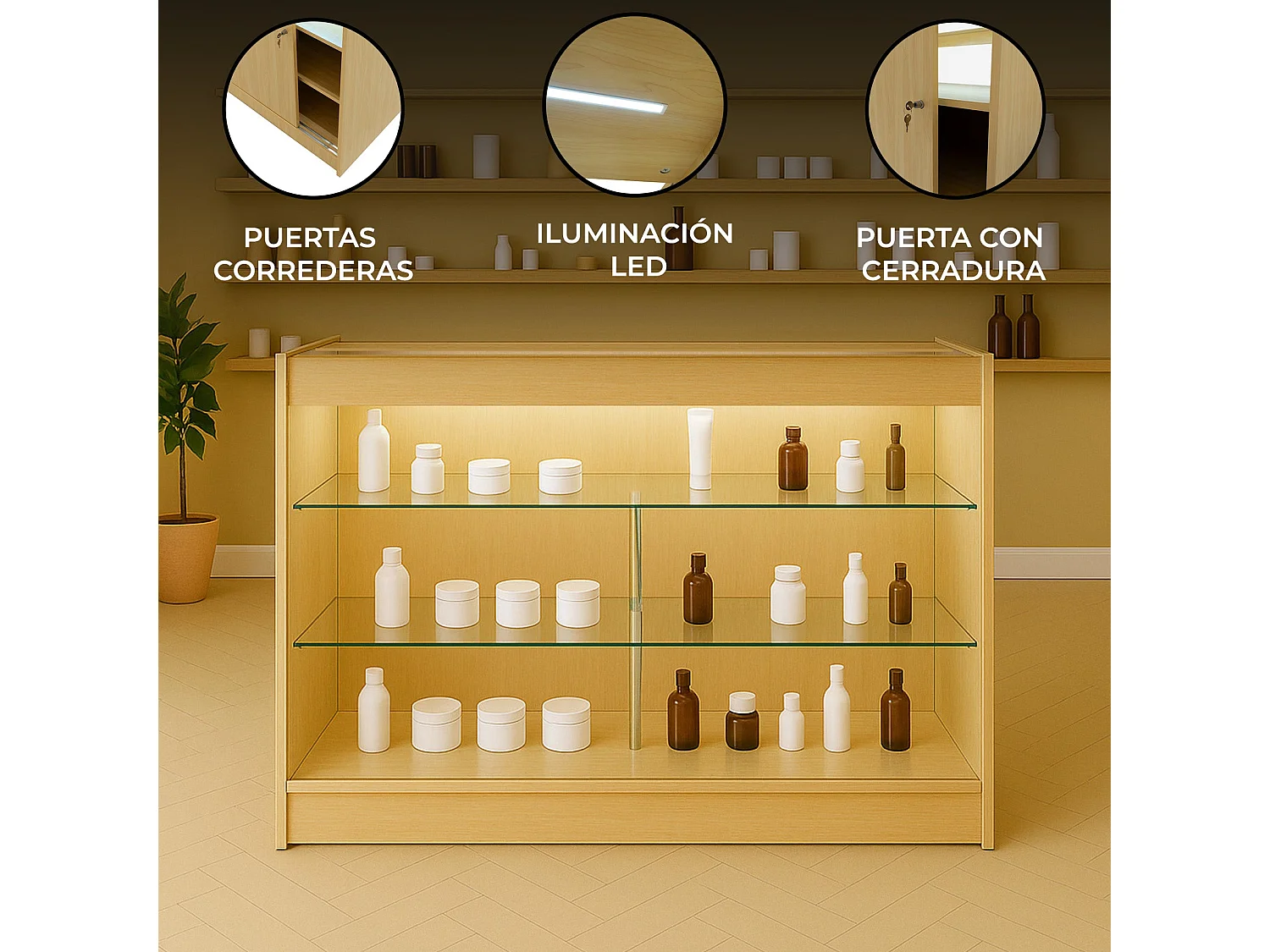 Comptoir de Vente Érable LED Intégrés K1500 Portes Coulissantes [2 Clés INCLUS]