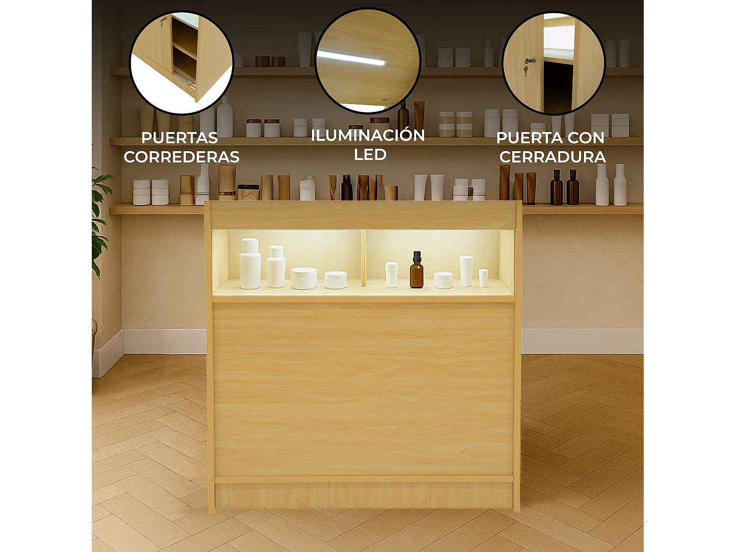 Comptoir de Vente Érable LED Intégrés B900 Portes Coulissantes [2 Clés INCLUS]