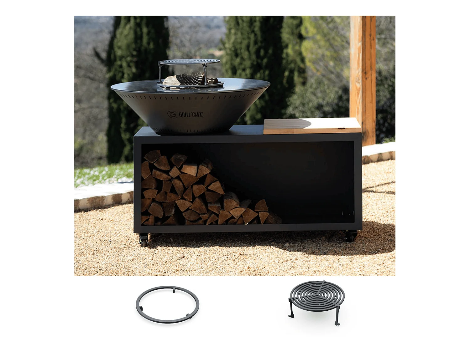 Pack Découverte Brasero TRADITIONNEL Double Cuve Acier Thermolaqué 103x90 cm - Gris Anthracite - Un design intemporel pour cuisiner au feu de bois en toute élégance