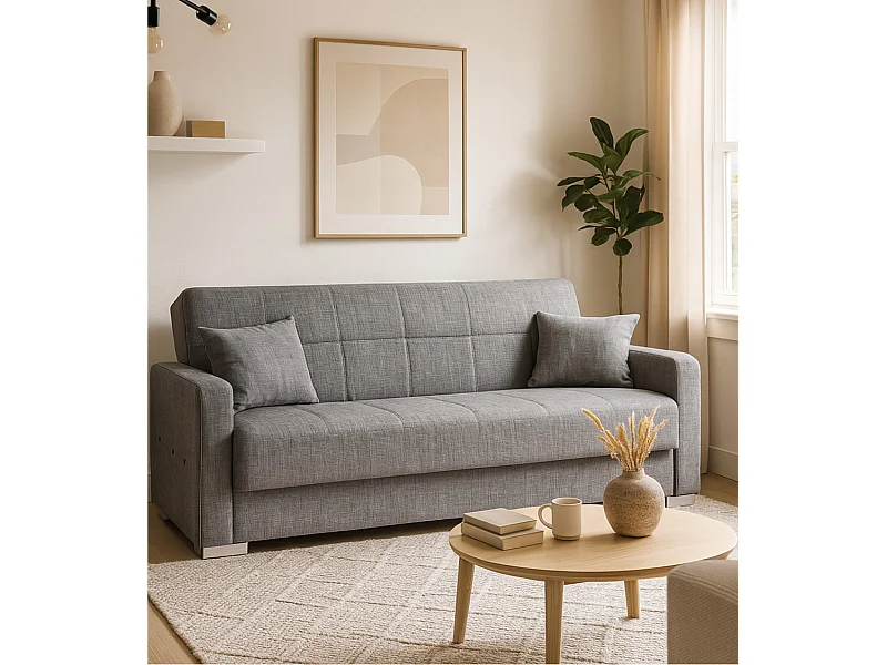 Sofá cama de 90x115-220x85-190 cm con arcón oculto bajo el asiento en color gris Torra