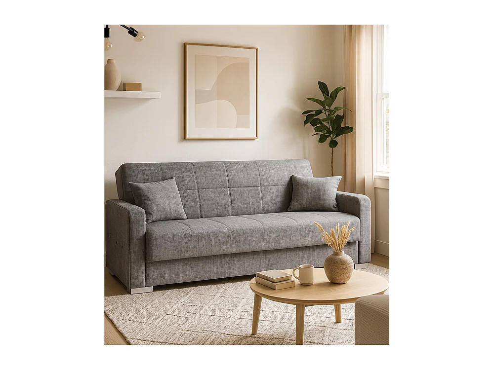 Sofá cama de 90x115-220x85-190 cm con arcón oculto bajo el asiento en color gris Torra