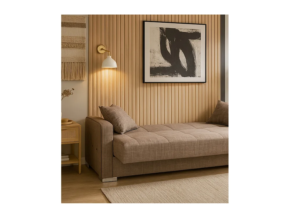 Sofá cama de 90x115-220x85-190 cm con arcón oculto bajo el asiento en color beige Torra
