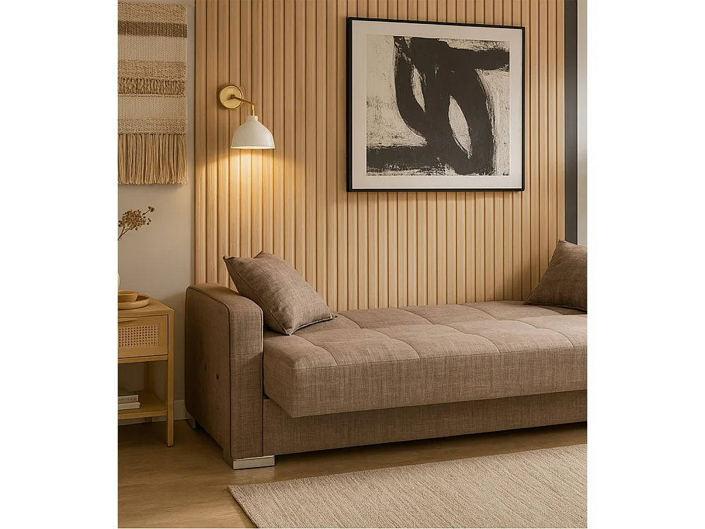 Sofá cama de 90x115-220x85-190 cm con arcón oculto bajo el asiento en color beige Torra