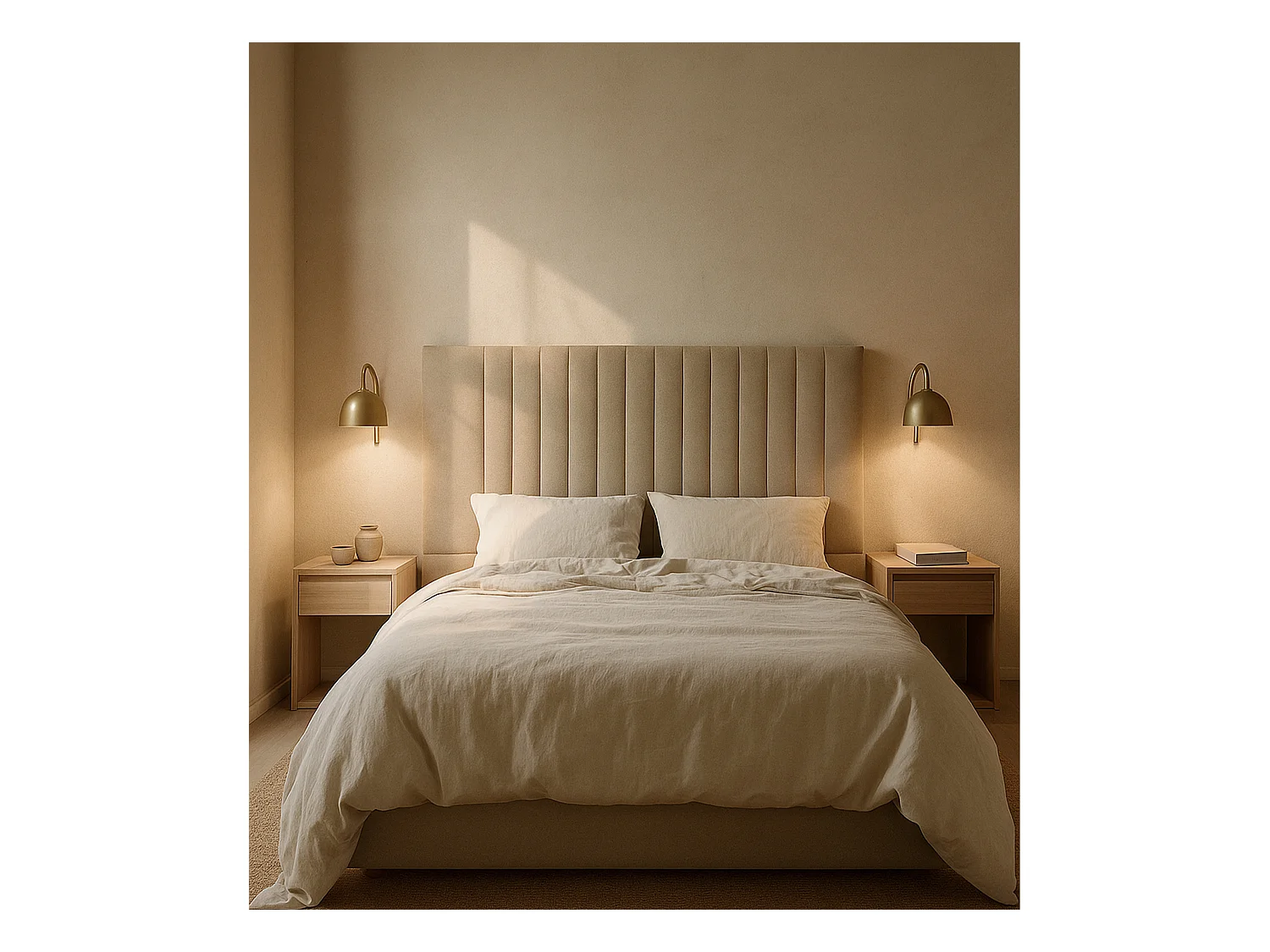 Cabecero de 120x160x6 cm tapizado en tela con diseño de rayas verticales en beige Artik