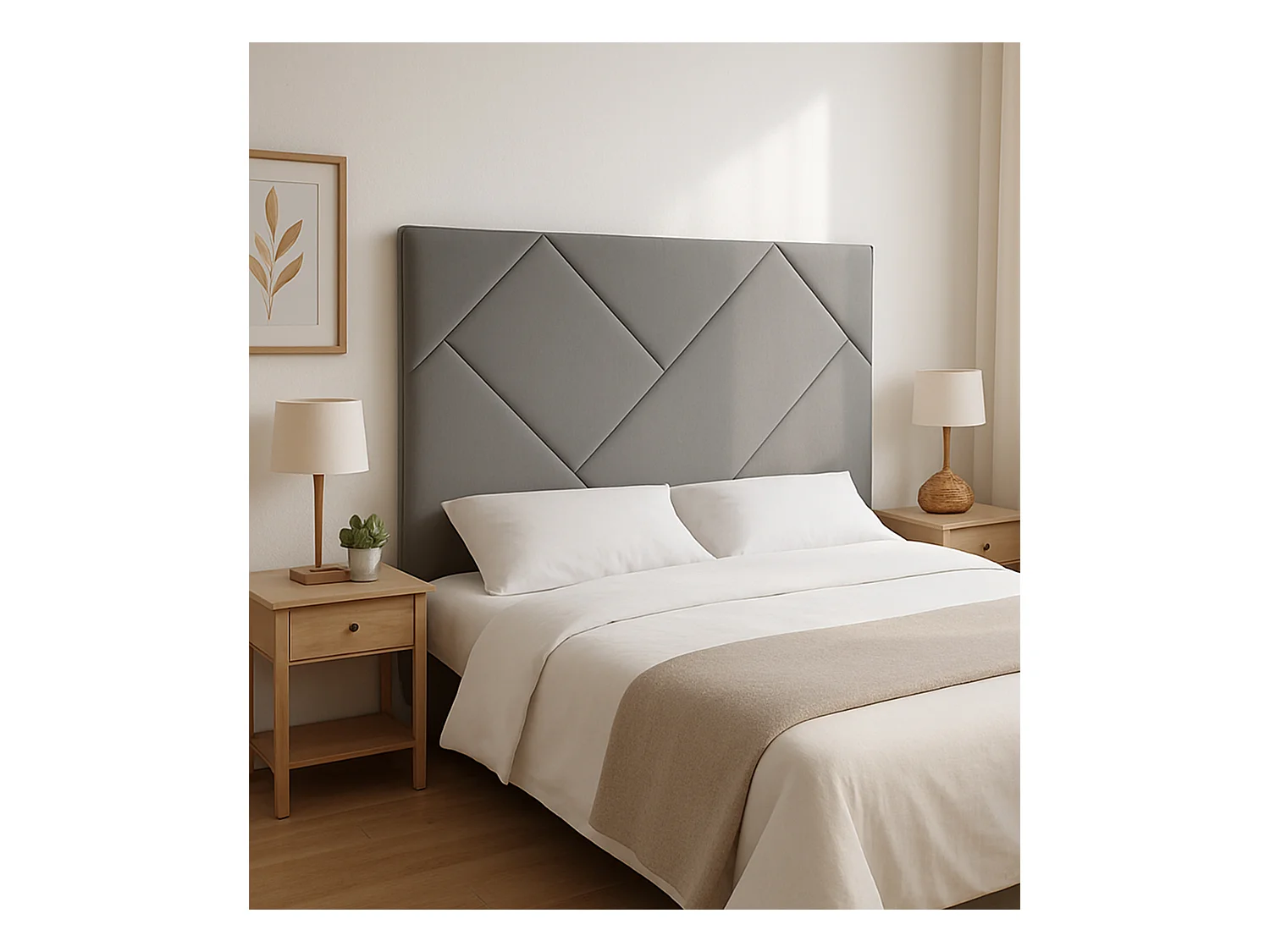 Cabecero de 120x150x6 cm tapizado en tela con diseño asimétrico en color gris Eupa