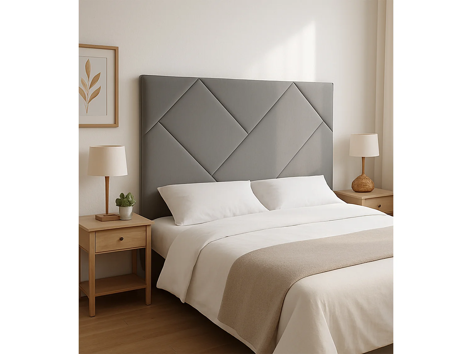 Cabecero de 120x160x6 cm tapizado en tela con diseño asimétrico en color gris Eupa