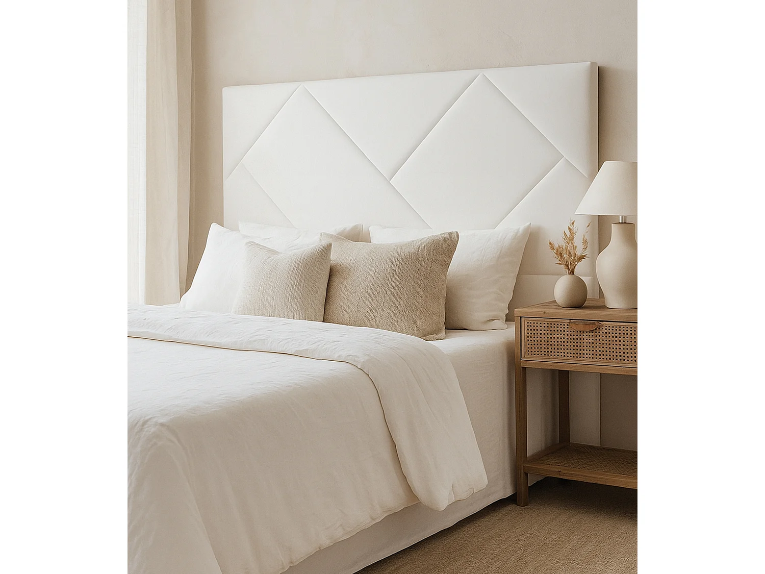 Cabecero de 120x160x6 cm tapizado en polipiel con diseño asimétrico en color blanco Eupa