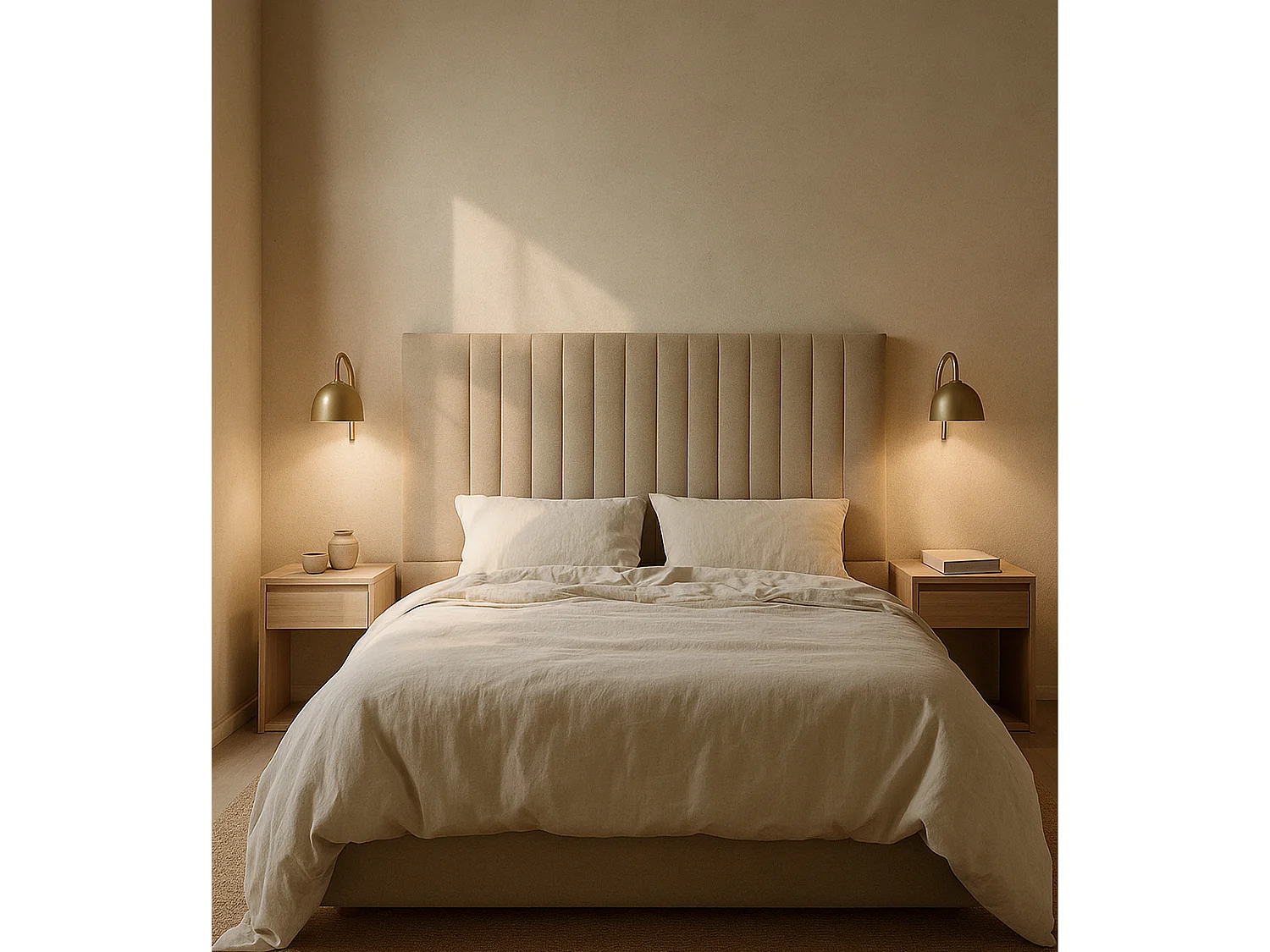 Cabecero de 120x150x6 cm tapizado en tela con diseño de rayas verticales en beige Artik