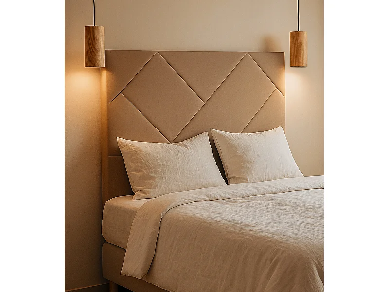 Cabecero de 120x150x6 cm tapizado en tela con diseño asimétrico en color beige Eupa