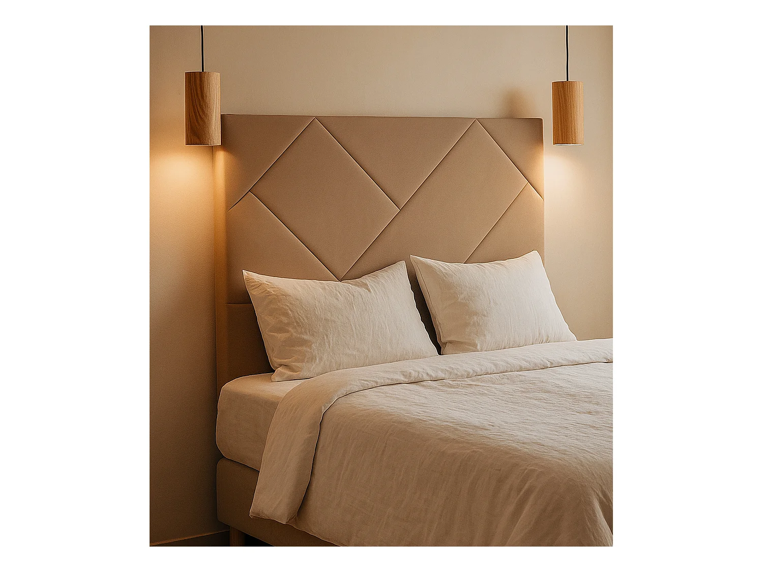 Cabecero de 120x150x6 cm tapizado en tela con diseño asimétrico en color beige Eupa