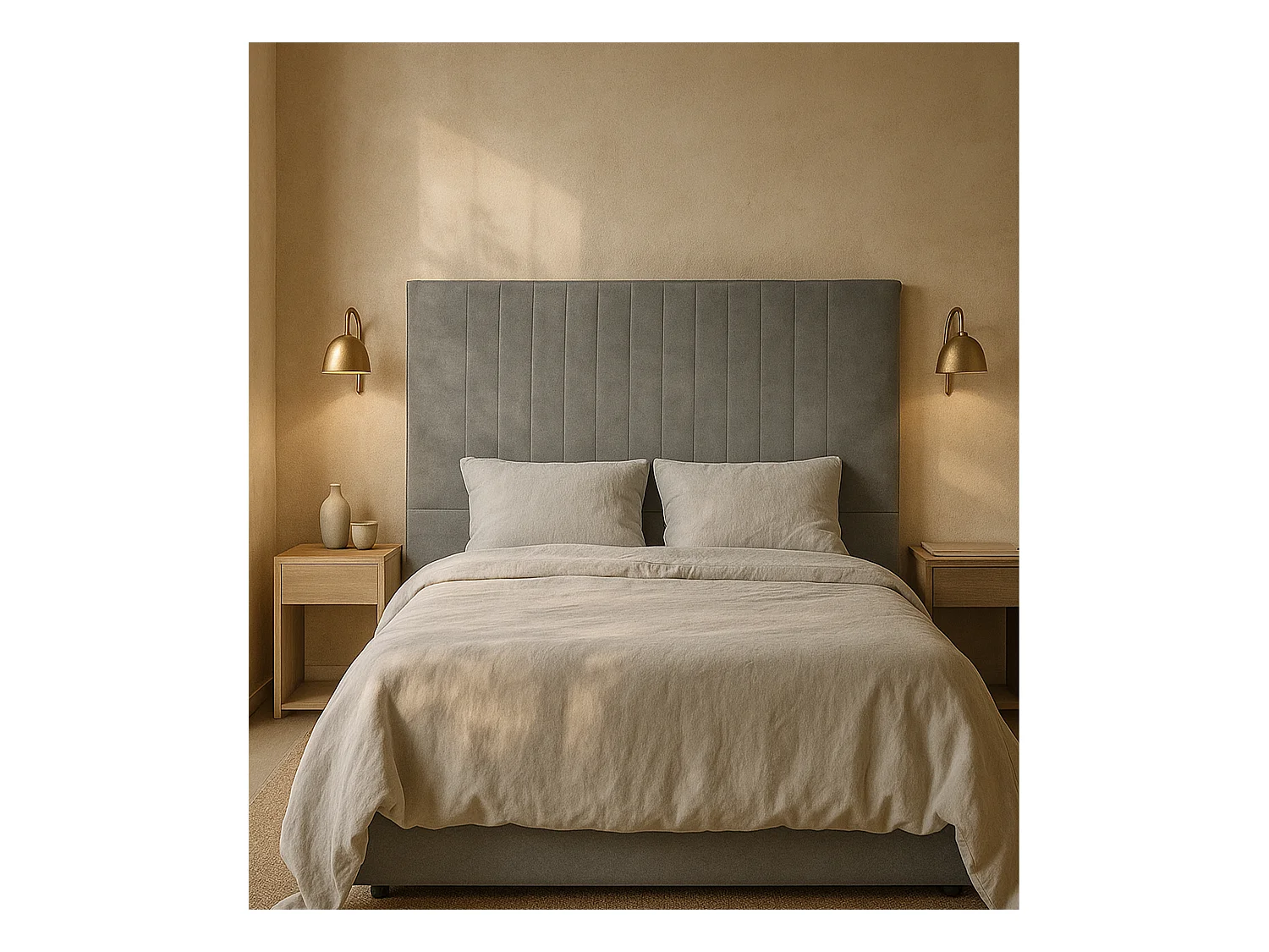 Cabecero de 120x160x6 cm tapizado en tela con diseño de rayas verticales en gris Artik