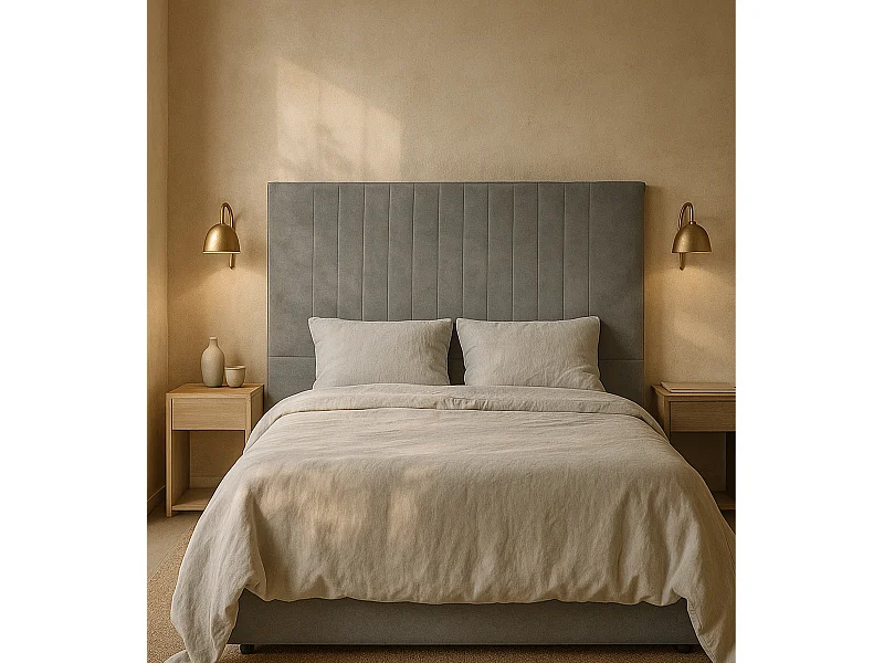 Cabecero de 120x150x6 cm tapizado en tela con diseño de rayas verticales en gris Artik