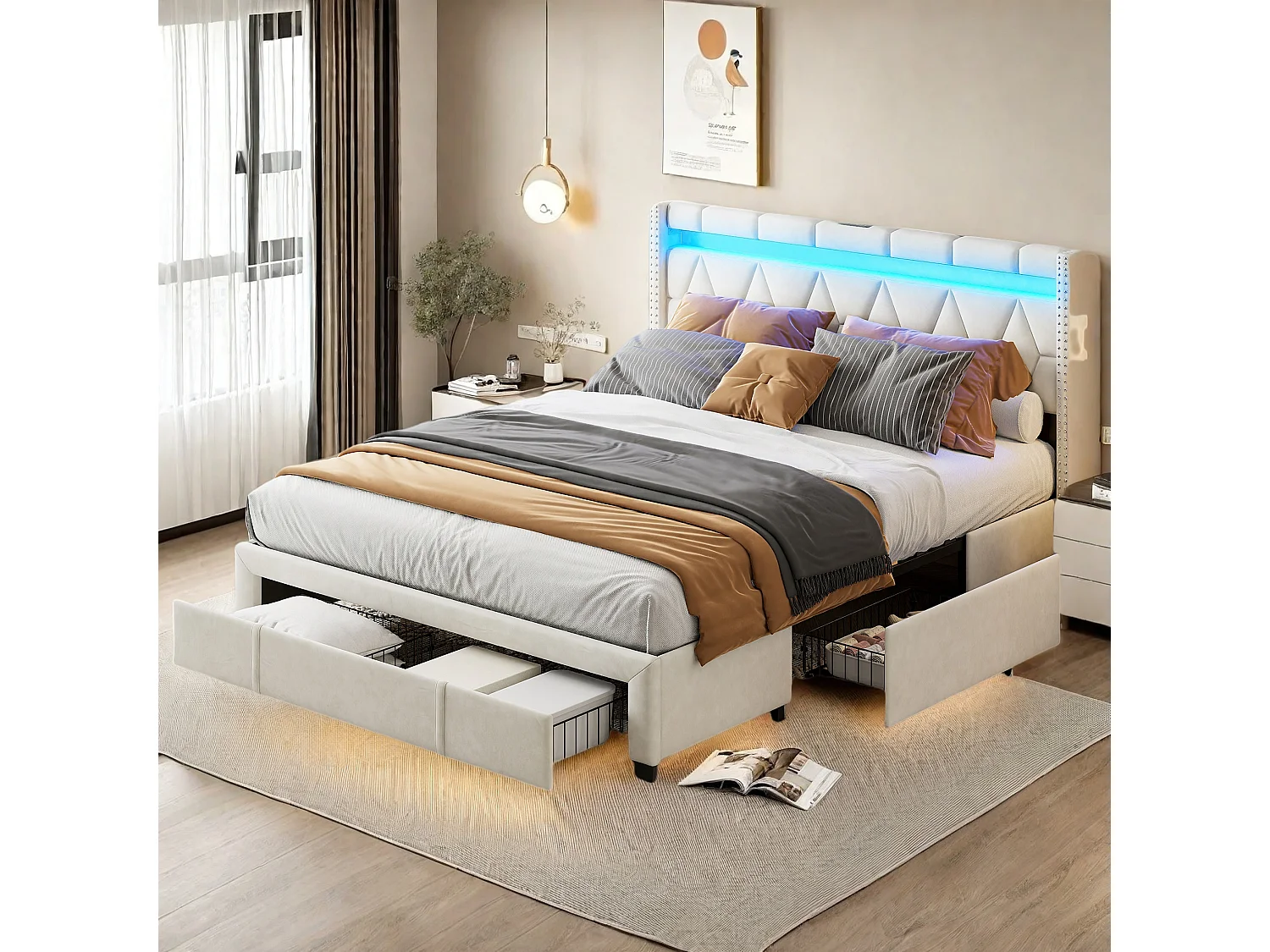 Lit double 160x200 cm -  4 tiroirs et USB Type C - Cadre de lit 160x200 cm avec lumières LED - Sommier à lattes - Lin Beige