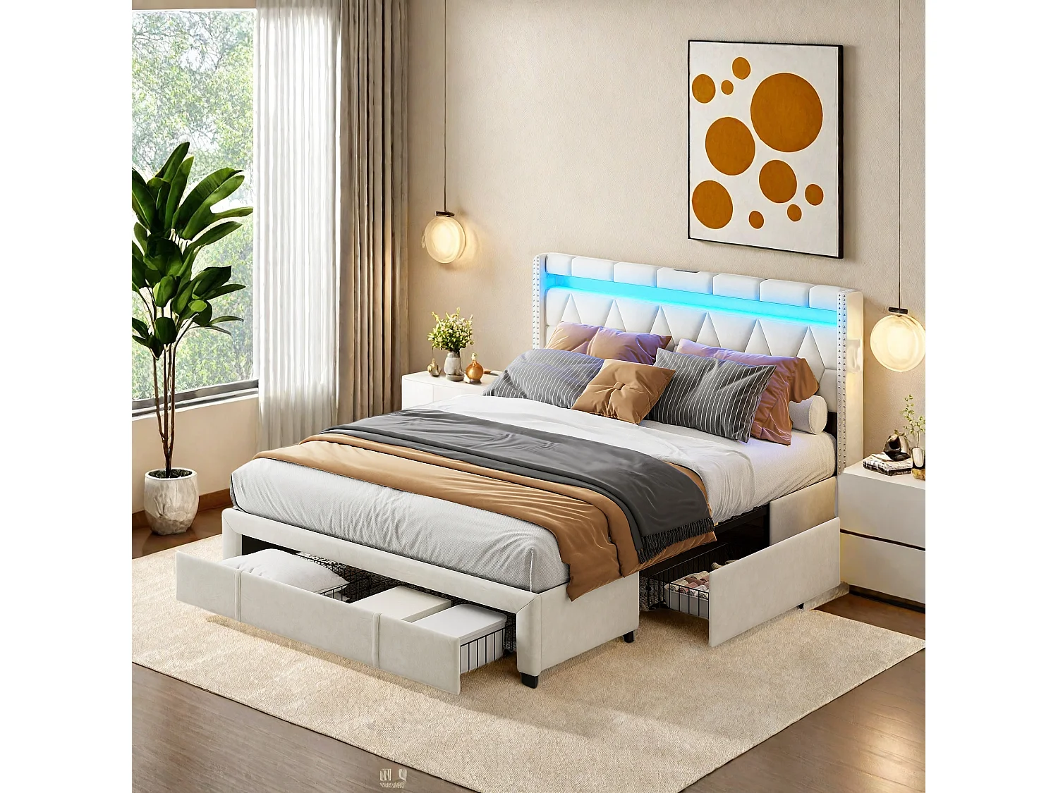 Lit double 160x200 cm -  4 tiroirs et USB Type C - Cadre de lit 160x200 cm avec lumières LED - Sommier à lattes - Lin Beige