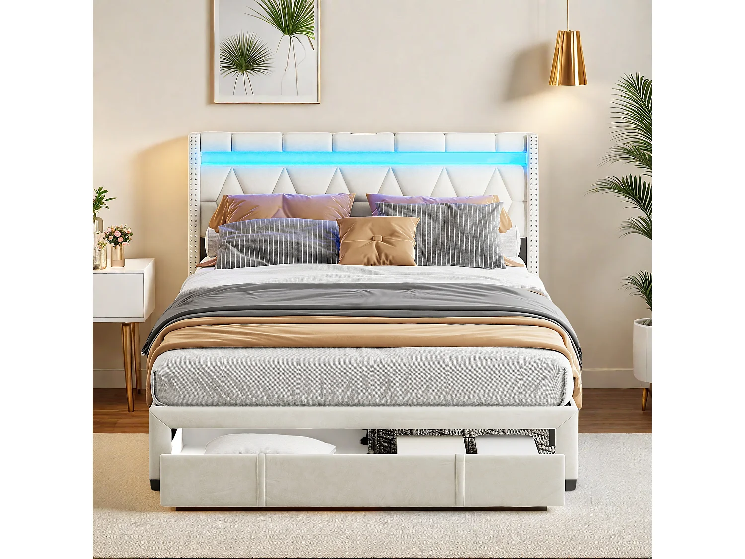 Lit double 160x200 cm -  4 tiroirs et USB Type C - Cadre de lit 160x200 cm avec lumières LED - Sommier à lattes - Lin Beige