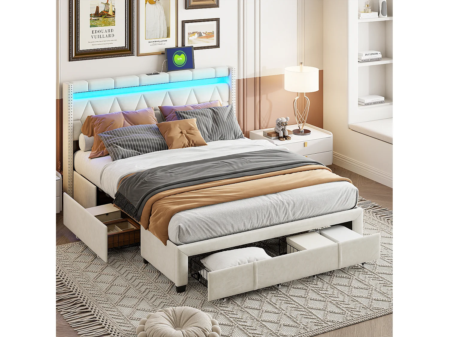 Lit double 160x200 cm -  4 tiroirs et USB Type C - Cadre de lit 160x200 cm avec lumières LED - Sommier à lattes - Lin Beige