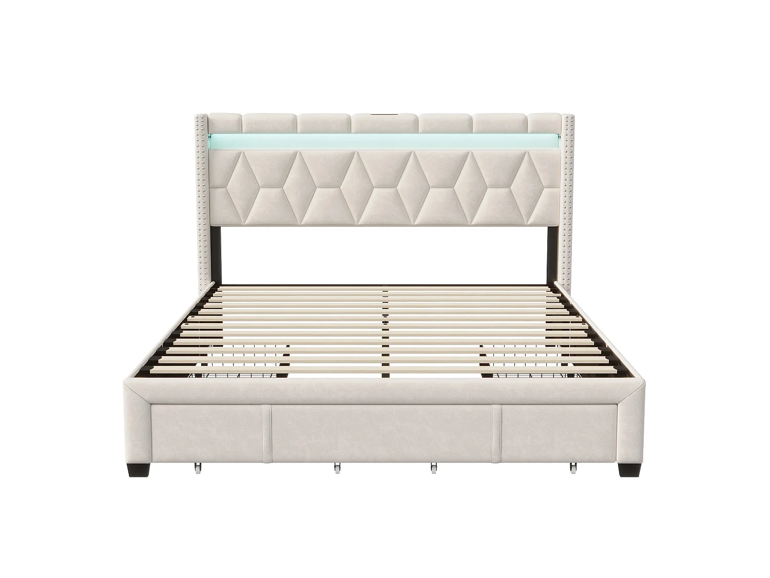 Lit double 160x200 cm -  4 tiroirs et USB Type C - Cadre de lit 160x200 cm avec lumières LED - Sommier à lattes - Lin Beige
