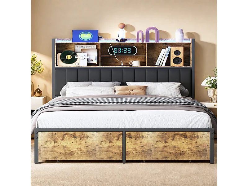 Lit double 140x200 cm avec 2 tiroirs et LED - Cadre de lit adulte 140x200 en métal avec sommier à lattes - Noir - Rangement