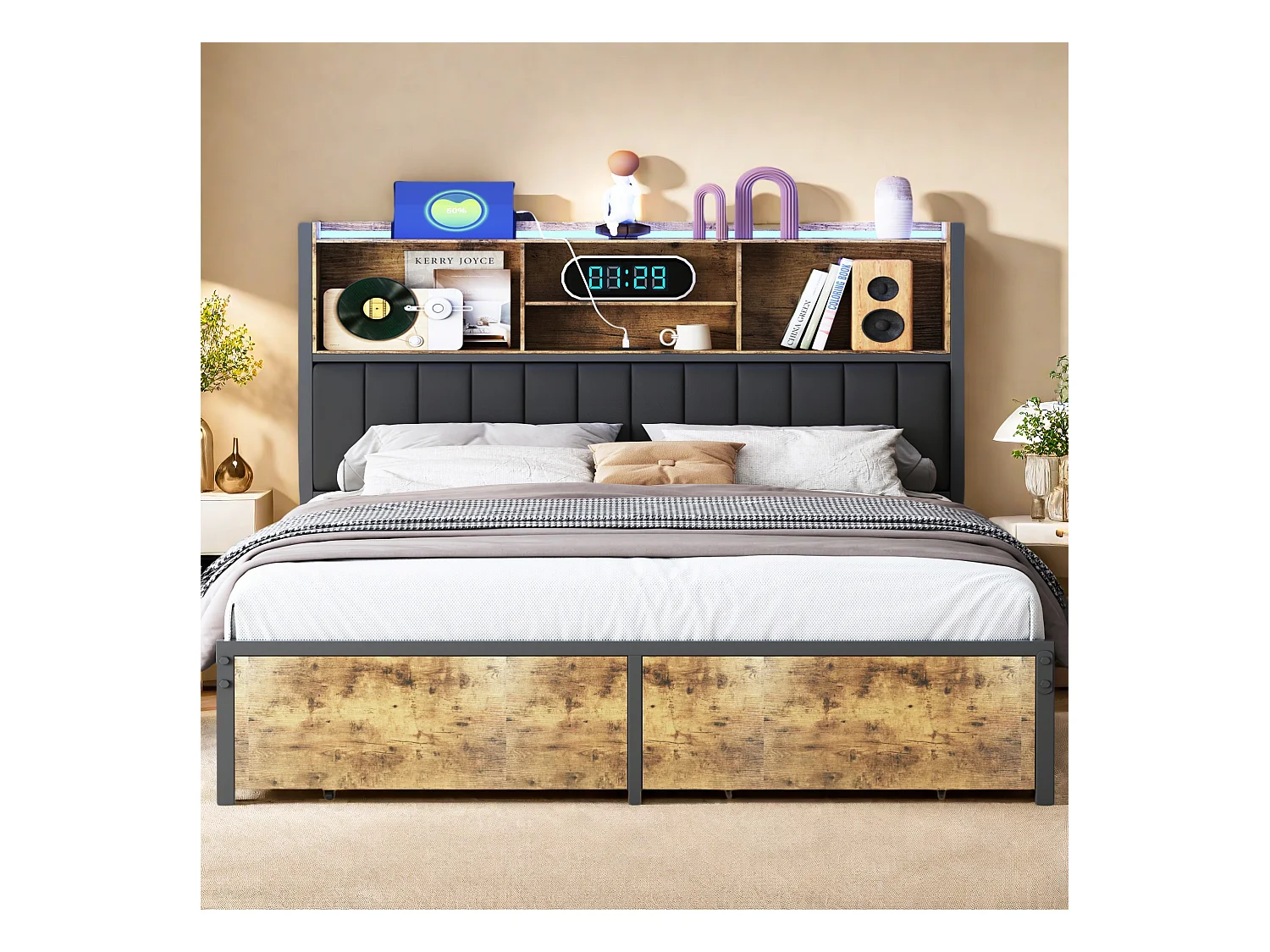 Lit double 140x200 cm avec 2 tiroirs et LED - Cadre de lit adulte 140x200 en métal avec sommier à lattes - Noir - Rangement