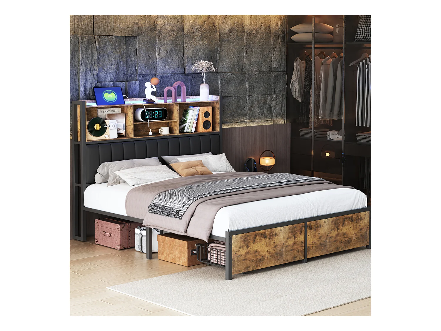 Lit double 140x200 cm avec 2 tiroirs et LED - Cadre de lit adulte 140x200 en métal avec sommier à lattes - Noir - Rangement