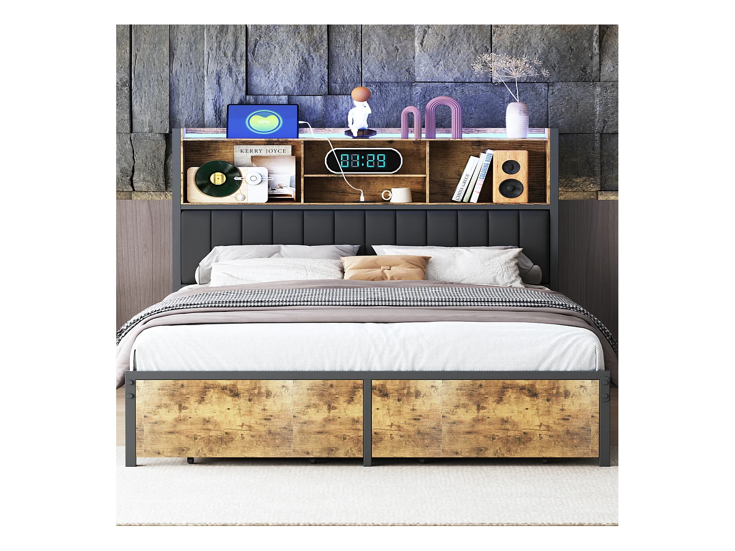 Lit double 140x200 cm avec 2 tiroirs et LED - Cadre de lit adulte 140x200 en métal avec sommier à lattes - Noir - Rangement