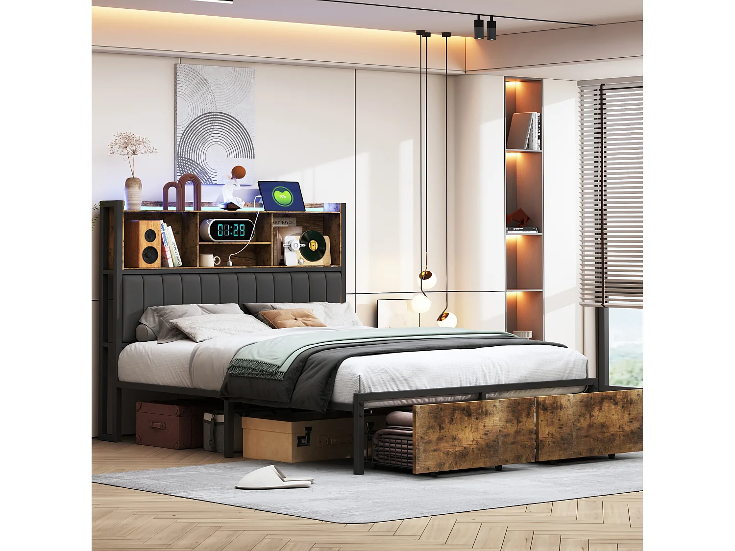 Lit double 140x200 cm avec 2 tiroirs et LED - Cadre de lit adulte 140x200 en métal avec sommier à lattes - Noir - Rangement