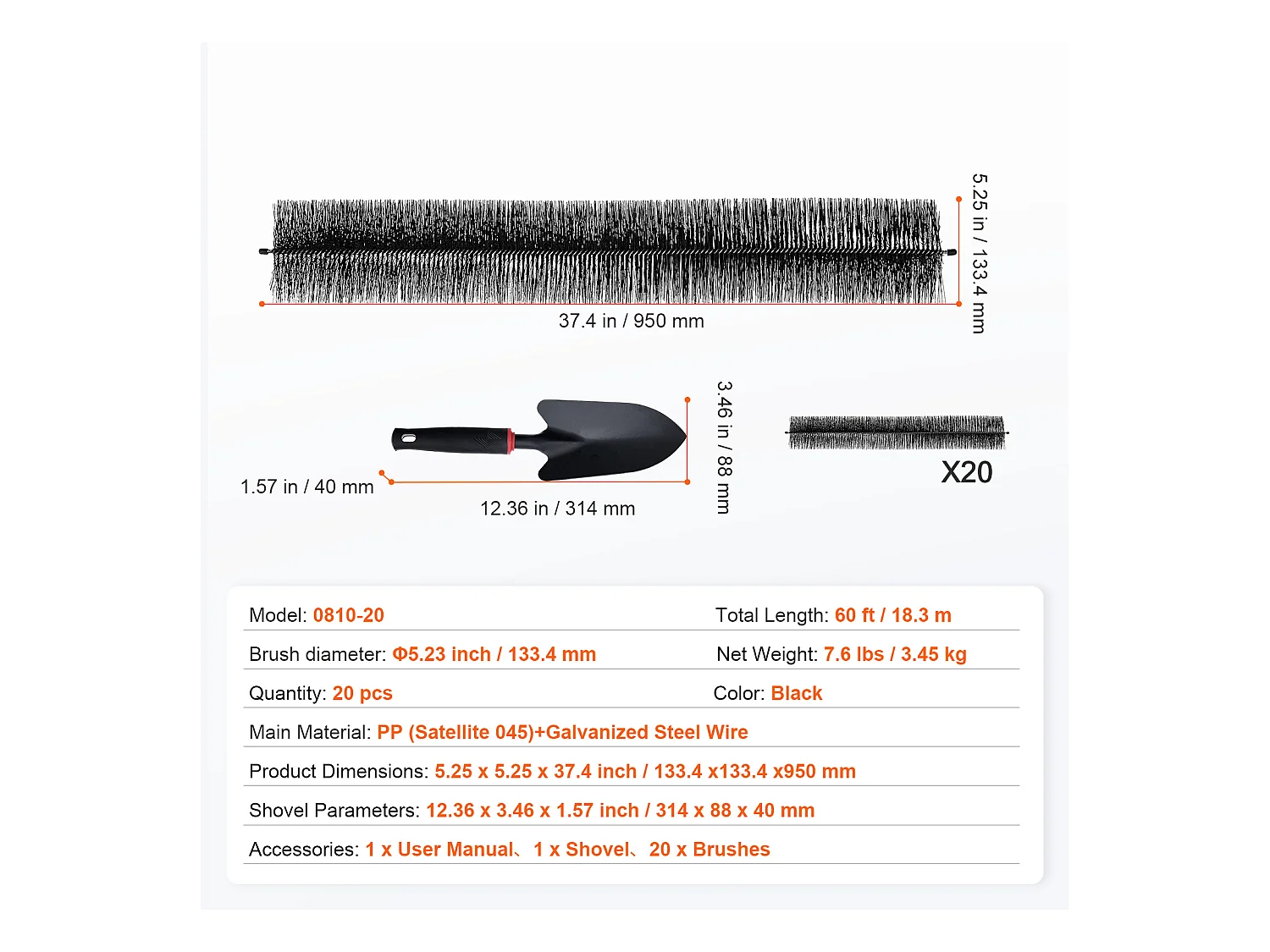 Escova Protetora de Calha SucceBuy 18 m Cerdas Longas 13,3 cm Anti-Folhas, 20 Peças, PP + Fio de Aço, Resistente à Corrosão