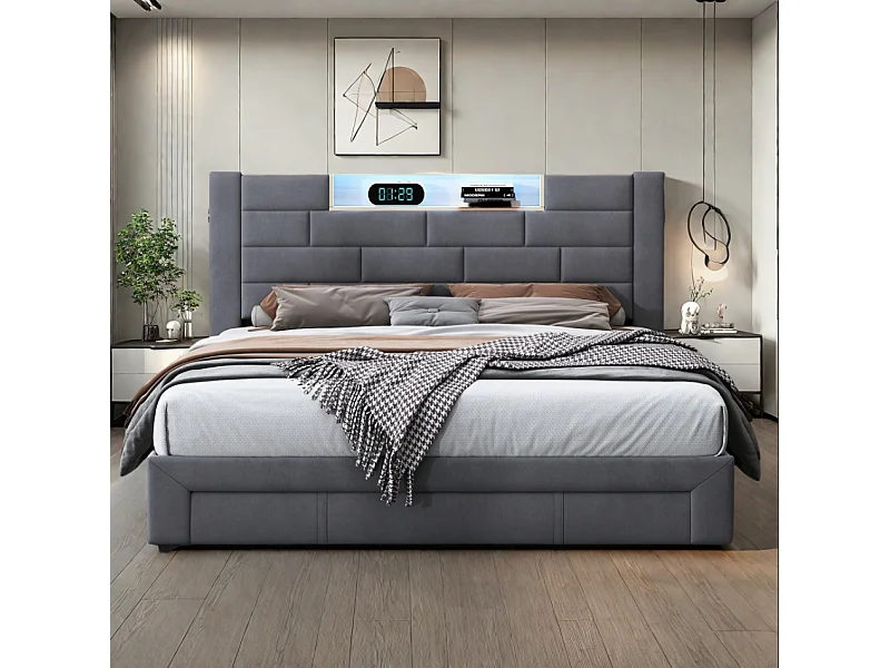 Lit double 140x200 cm - Lit adulte 140x200 cm avec LED et USB - avec 3 tiroirs et tete de lit - Lit 2 personnes - Tissu - Gris