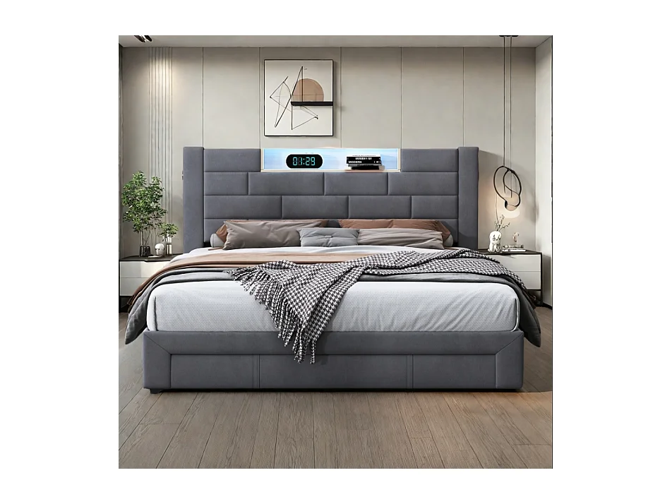 Lit double 140x200 cm - Lit adulte 140x200 cm avec LED et USB - avec 3 tiroirs et tete de lit - Lit 2 personnes - Tissu - Gris