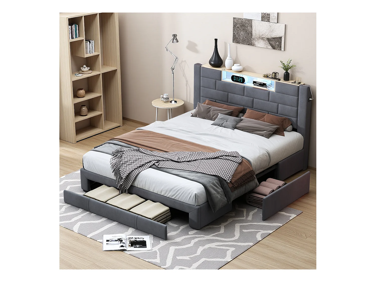 Lit double 140x200 cm - Lit adulte 140x200 cm avec LED et USB - avec 3 tiroirs et tete de lit - Lit 2 personnes - Tissu - Gris
