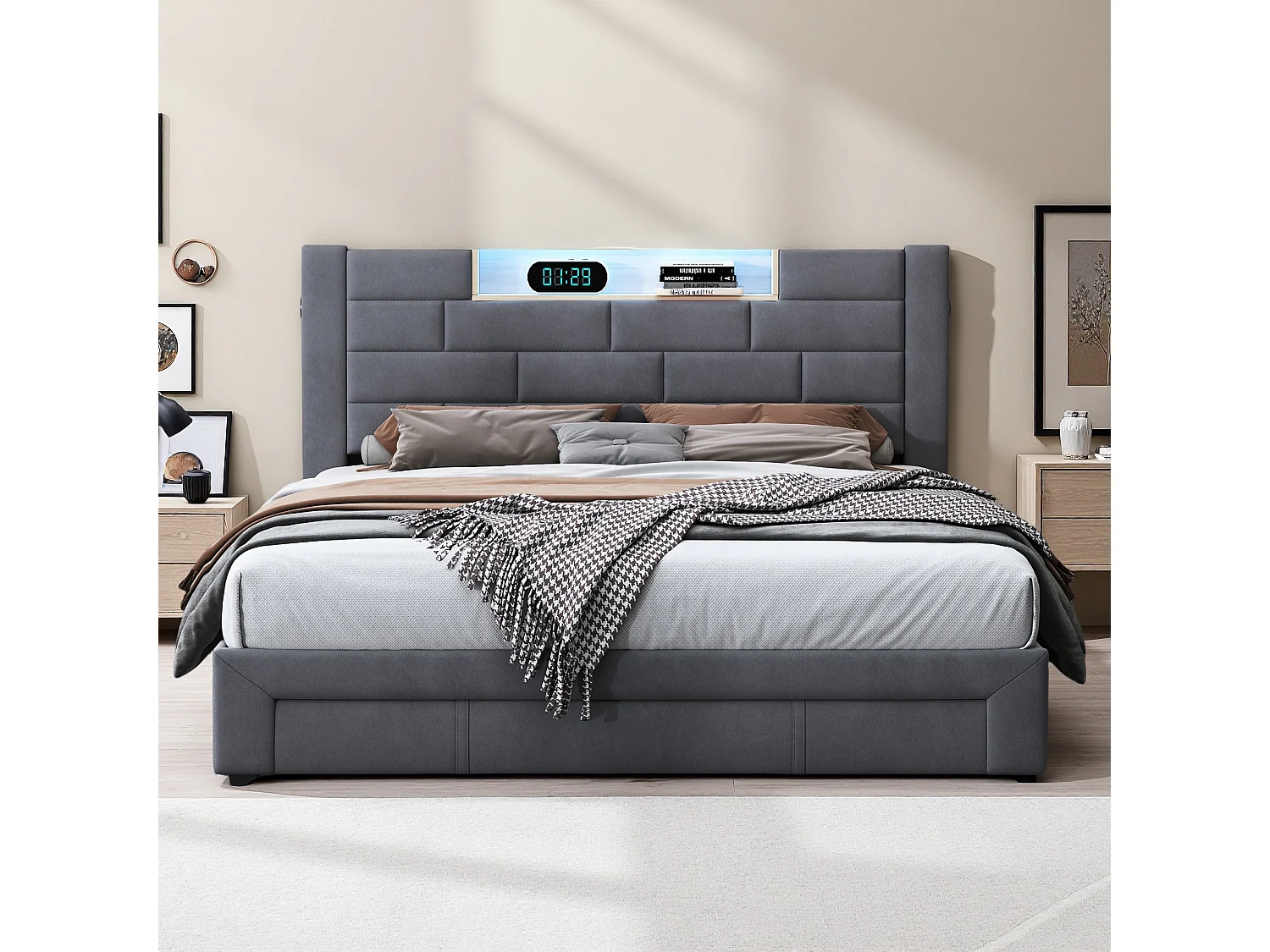 Lit double 140x200 cm - Lit adulte 140x200 cm avec LED et USB - avec 3 tiroirs et tete de lit - Lit 2 personnes - Tissu - Gris