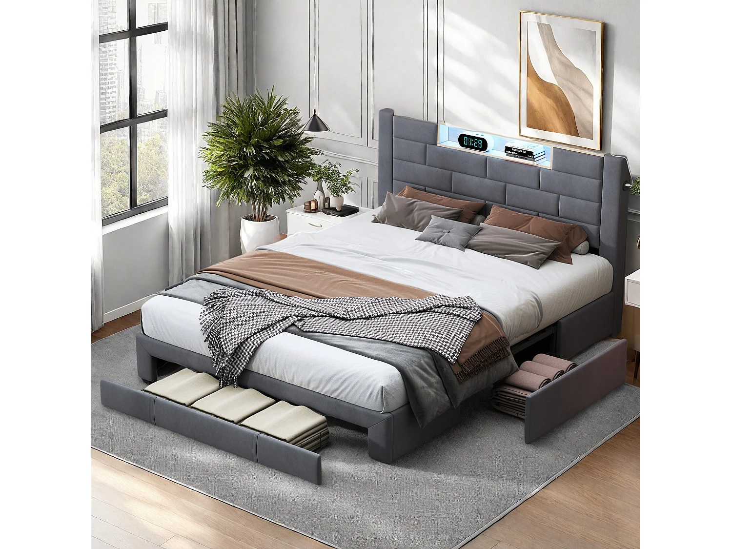Lit double 140x200 cm - Lit adulte 140x200 cm avec LED et USB - avec 3 tiroirs et tete de lit - Lit 2 personnes - Tissu - Gris