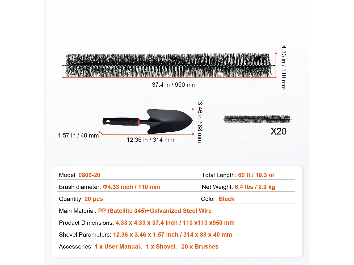 Brosse de Protection pour Gouttière SucceBuy 18 m Anti-Feuilles 12,7 cm, 20 pièces, Matériau PP + Fil d'Acier Galvanisé, Poids 2,9 kg