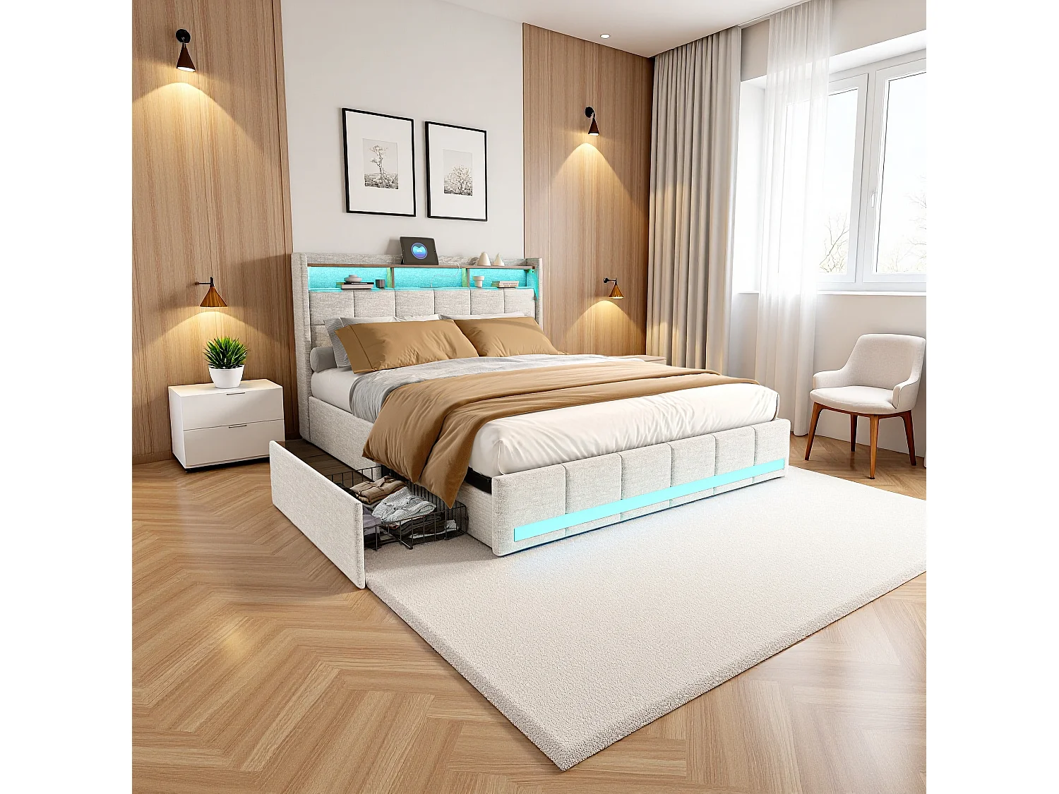 Letto Moderno Beige Lin 160x200 cm con 4 Cassetti, LED, USB, Tipo C - Letto Matrimoniale Adulto con Rete a Doghe