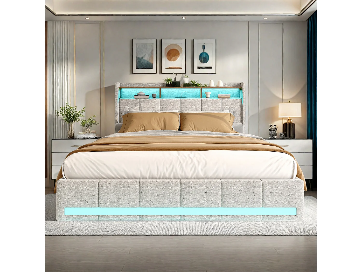 Letto Moderno Beige Lin 160x200 cm con 4 Cassetti, LED, USB, Tipo C - Letto Matrimoniale Adulto con Rete a Doghe