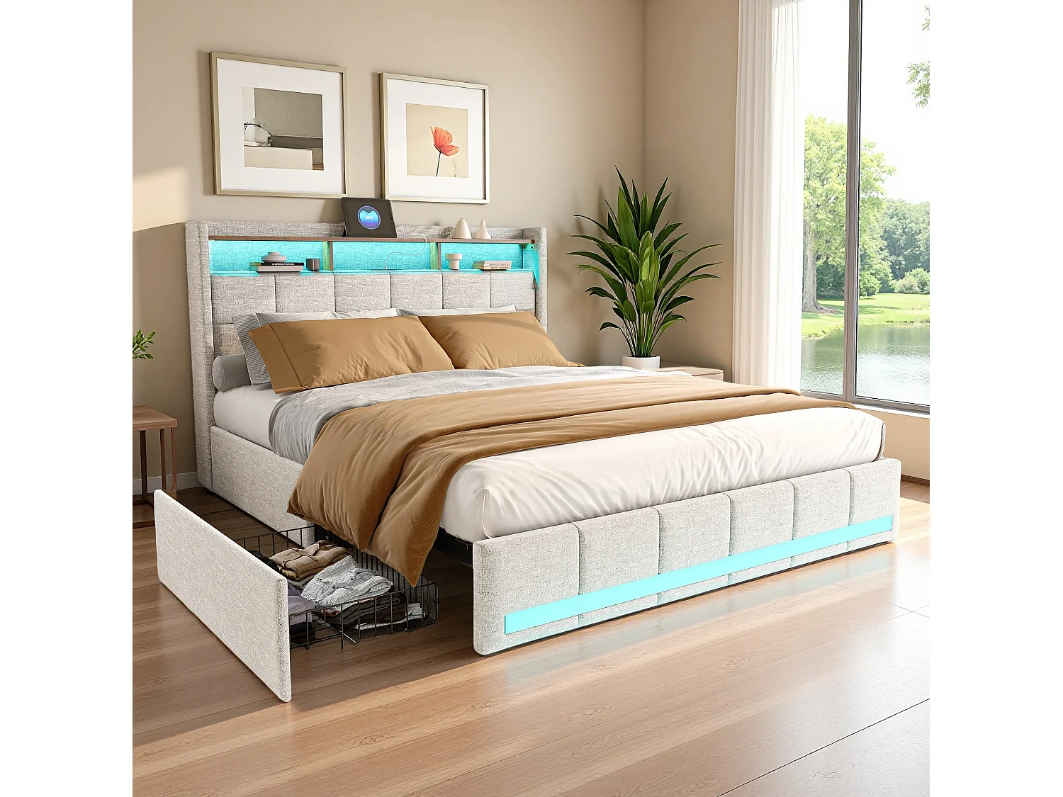 Letto Moderno Beige Lin 160x200 cm con 4 Cassetti, LED, USB, Tipo C - Letto Matrimoniale Adulto con Rete a Doghe