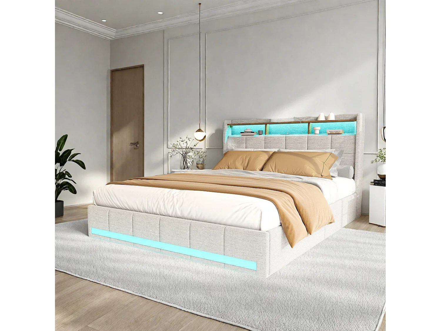 Letto Moderno Beige Lin 160x200 cm con 4 Cassetti, LED, USB, Tipo C - Letto Matrimoniale Adulto con Rete a Doghe