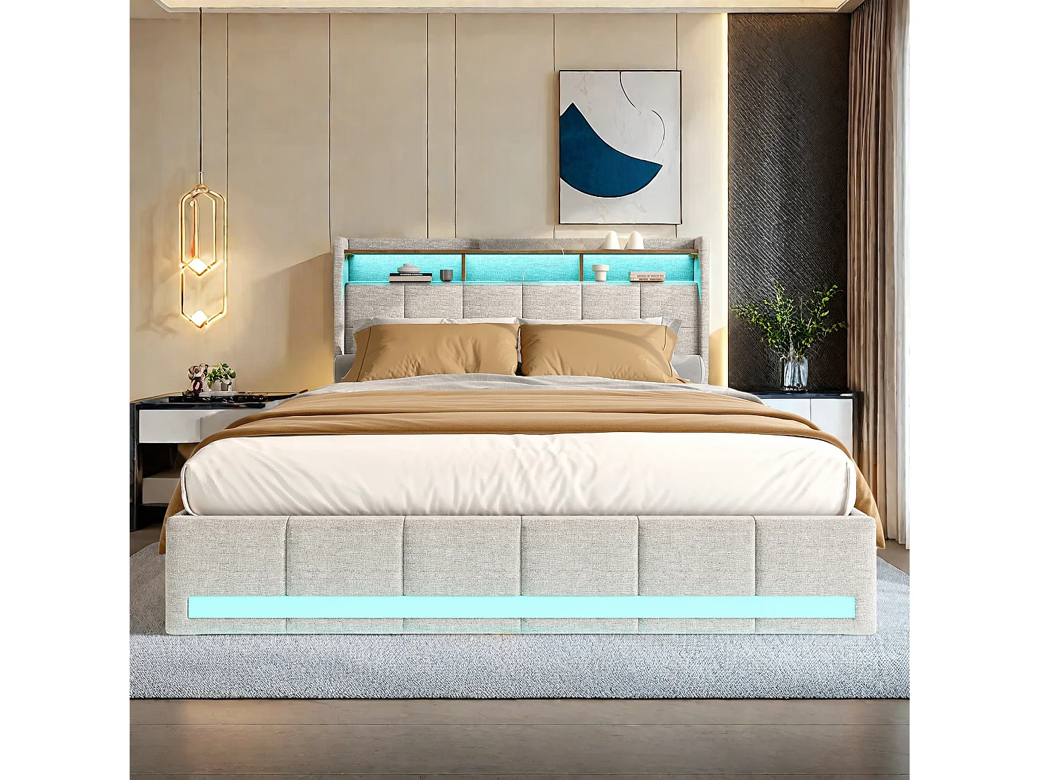 Letto Moderno Beige Lin 160x200 cm con 4 Cassetti, LED, USB, Tipo C - Letto Matrimoniale Adulto con Rete a Doghe