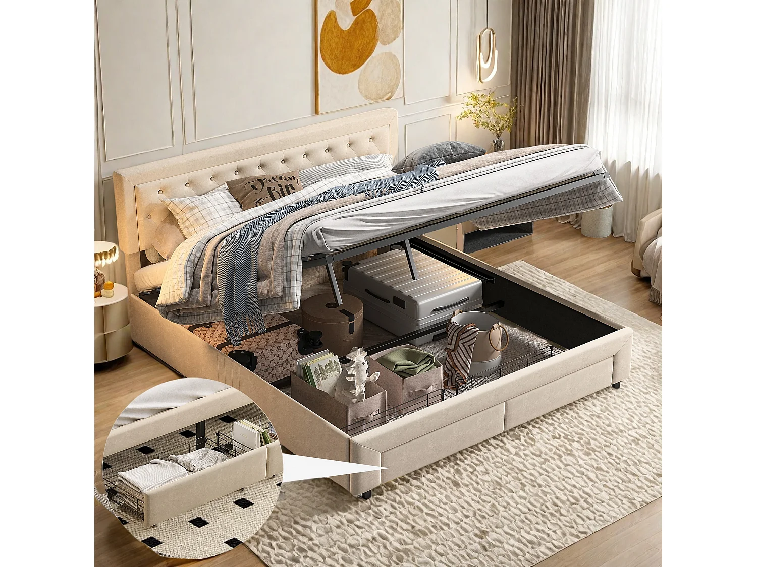 Elegante Cama de Armazenamento de Veludo Bege 160x200 cm com 2 Gavetas e Estrado de Ripas - Estilo Escandinavo