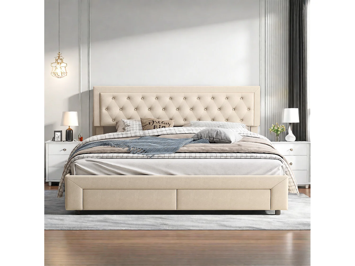 Elegante Cama de Armazenamento de Veludo Bege 160x200 cm com 2 Gavetas e Estrado de Ripas - Estilo Escandinavo