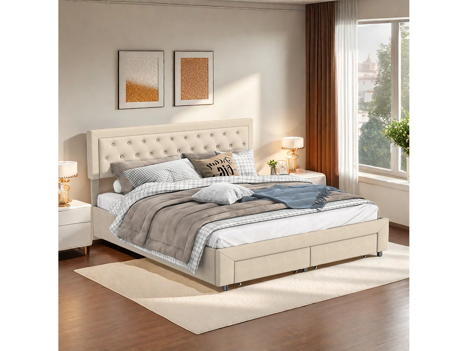 Elegante Cama de Armazenamento de Veludo Bege 160x200 cm com 2 Gavetas e Estrado de Ripas - Estilo Escandinavo