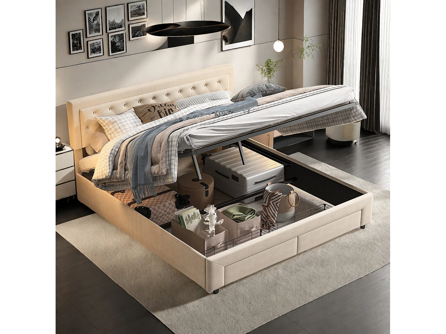 Elegante Cama de Armazenamento de Veludo Bege 160x200 cm com 2 Gavetas e Estrado de Ripas - Estilo Escandinavo