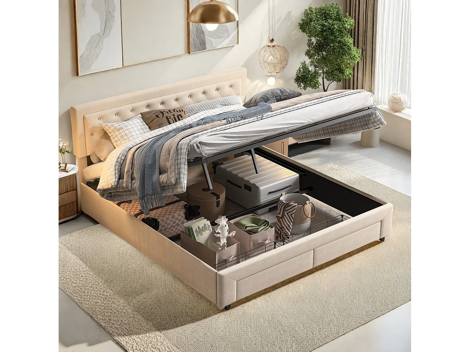 Elegante Cama de Armazenamento de Veludo Bege 160x200 cm com 2 Gavetas e Estrado de Ripas - Estilo Escandinavo
