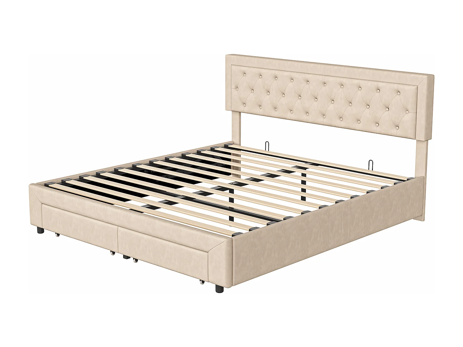 Elegante Cama de Armazenamento de Veludo Bege 160x200 cm com 2 Gavetas e Estrado de Ripas - Estilo Escandinavo