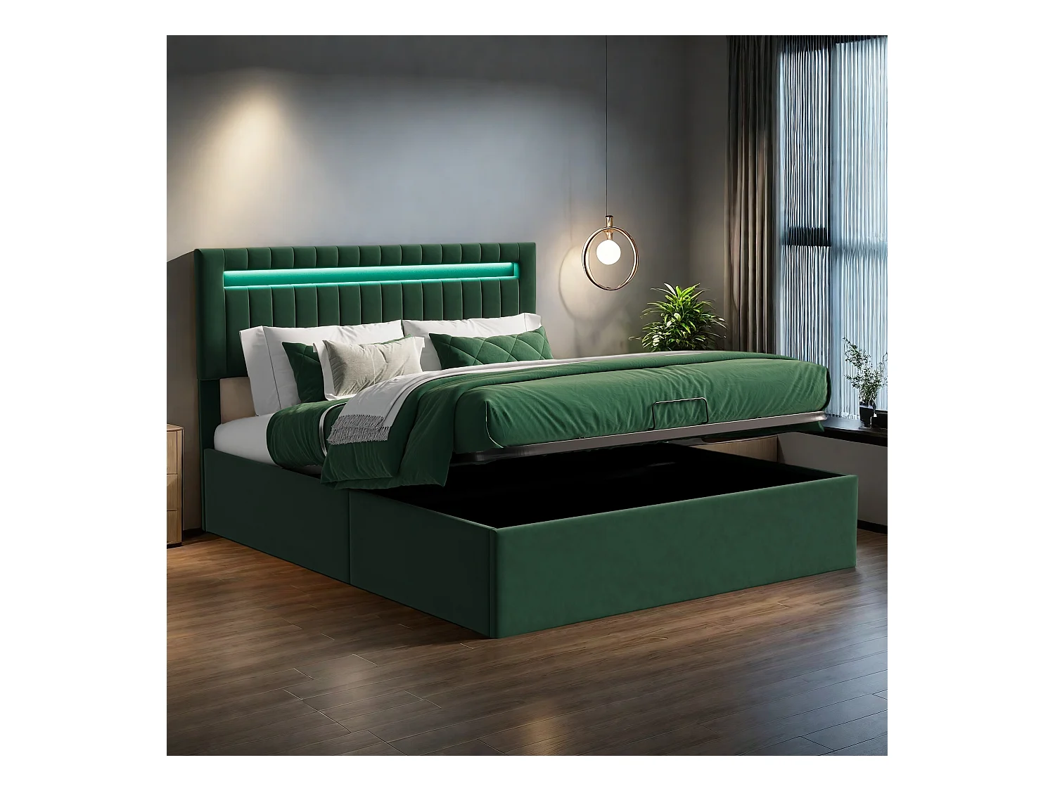 Lit coffre 160x200 cm, avec sommier à lattes et LED, lit 160x200 cm, hydraulique rangement, 2 personnes, tissu en velours, vert