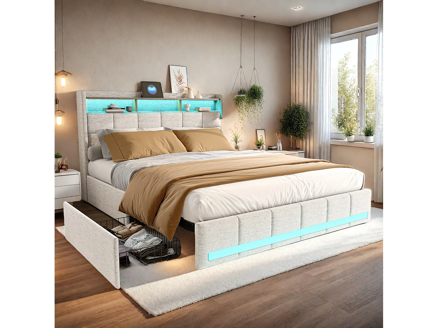 Lit double 140x190 cm - lin - beige