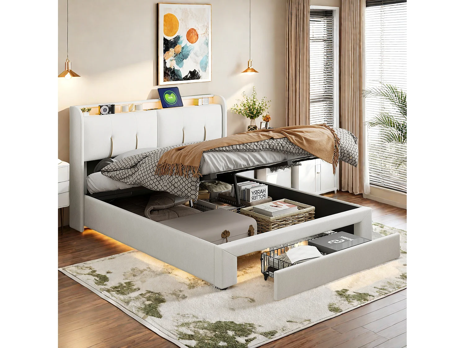 Modernes Samtbezogenes 160x200 CM Aufbewahrungsbett mit LED, USB und hydraulischem Lift - Weiß