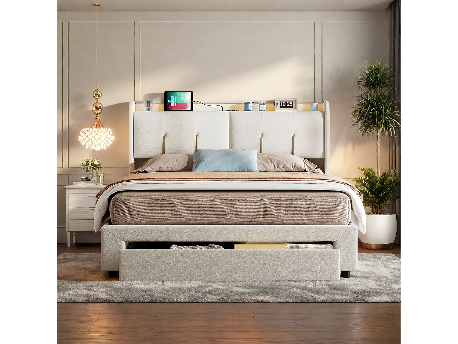 Modernes Samtbezogenes 160x200 CM Aufbewahrungsbett mit LED, USB und hydraulischem Lift - Weiß